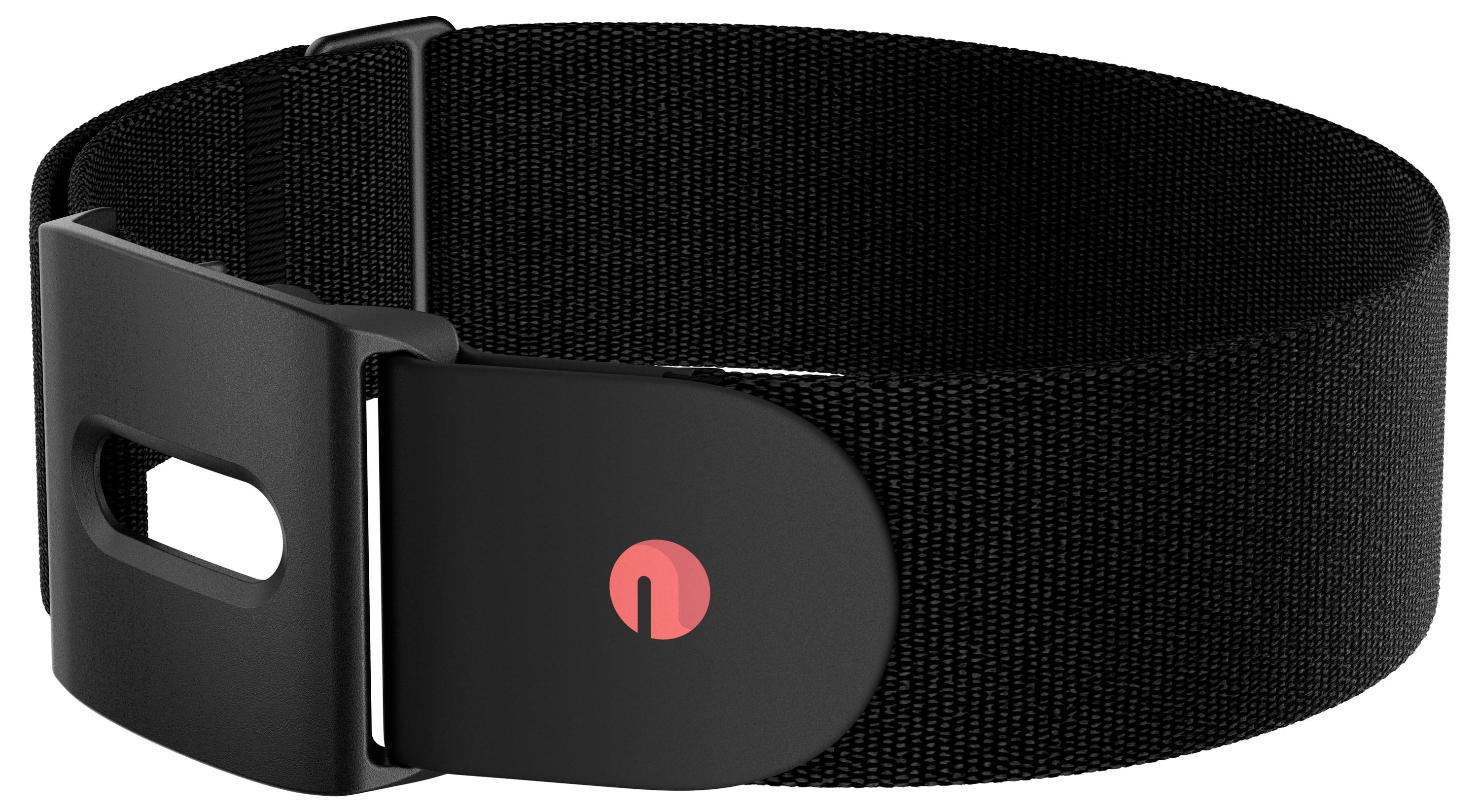 Ein schwarzes Stoffarmband mit einer Schließe, die ein rotes kreisförmiges Symbol aufweist.