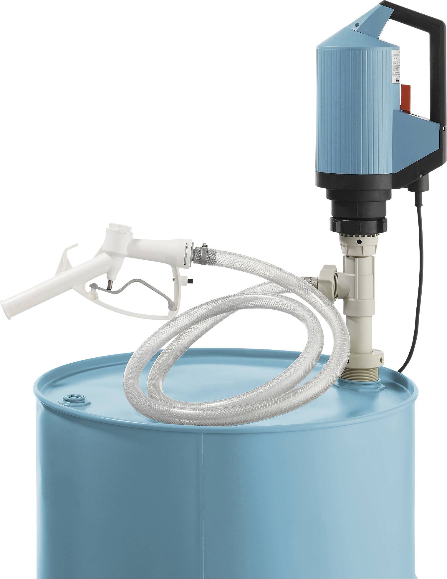 Eine blaue Trommel mit einer angebrachten elektrischen Pumpe und einem Schlauch, die zum Abfüllen von Flüssigkeiten konzipiert ist. Die Pumpe ist auf der Oberseite der Trommel montiert.