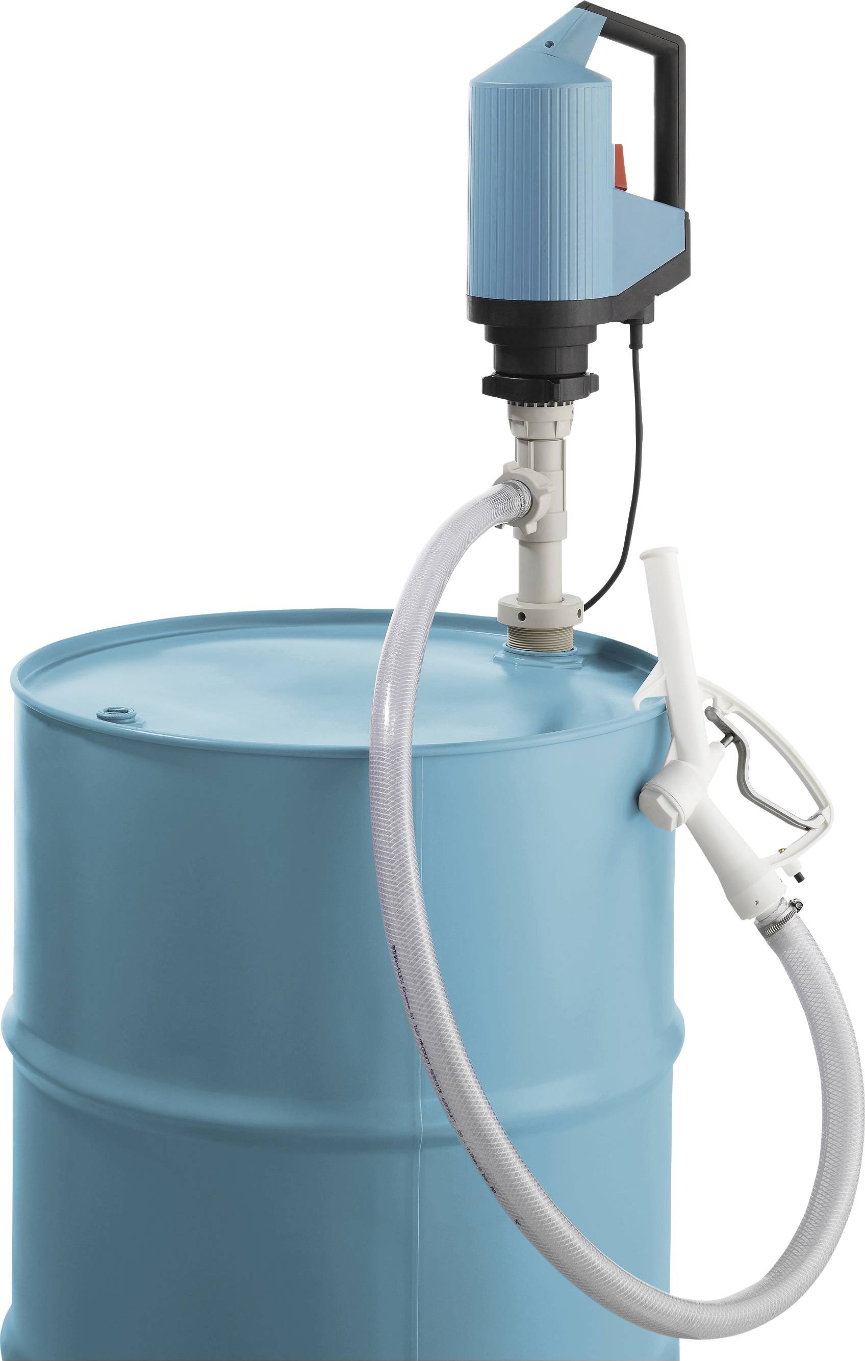 Ein blauer Industriefass mit angebrachter Pumpe und Düse, verwendet zum Extrahieren und Abgeben von Flüssigkeiten.