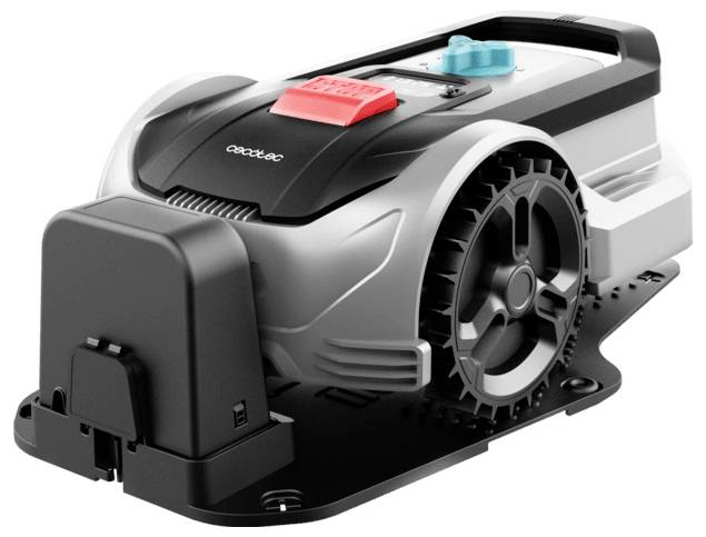 Ein Roboter-Rasenmäher mit schlankem Design, ausgestattet mit großen Rädern und einem Bedienfeld oben, entwickelt für automatisiertes Rasenmähen.
