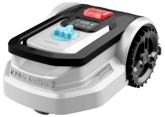 Rasenmäher-Roboter mit großen Rädern und Bedienfeld oben, mit einem roten Stoppknopf und einem blauen Navigationsknopf.