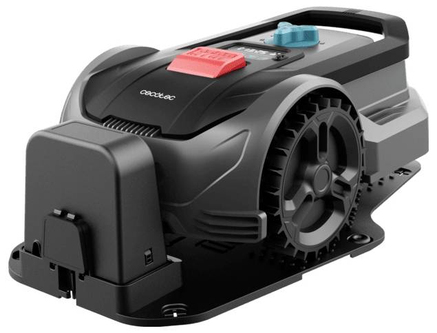 Ein kompakter, schwarzer Roboterrasenmäher mit elegantem Design, ausgestattet mit großen Rädern und einem sichtbaren Bedienfeld mit türkisfarbenen und roten Tasten.