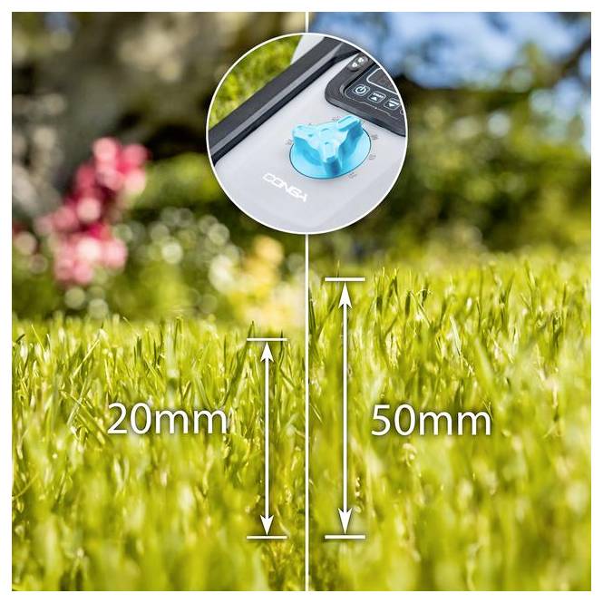 Eine Nahaufnahme von Gras mit einem Einsatz, der eine Rasenmähersteuerung zeigt. Zwei Grasschnitte sind mit 20mm und 50mm gekennzeichnet und zeigen die Schnitthohen an.