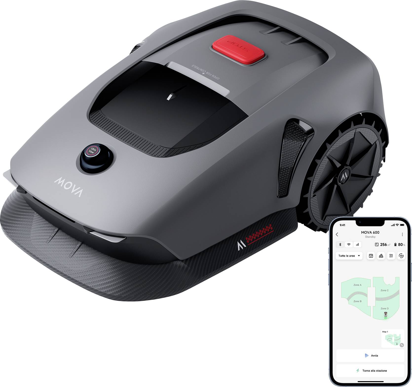Robotischer Rasenmäher mit schlankem Design neben einem Smartphone, das seine Steuerapps anzeigt und die Fernbedienung und intelligente Navigationsfunktionen veranschaulicht.