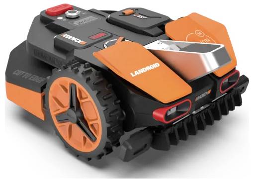 Ein Rasenmähroboter mit orangefarbenen Akzenten auf schwarzem Körper, mit der Bezeichnung „Landroid