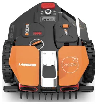 „Worx Landroid Vision Rasenroboter, schwarz und orange, mit Rädern und mehreren Steuertasten oben, Vorderansicht.