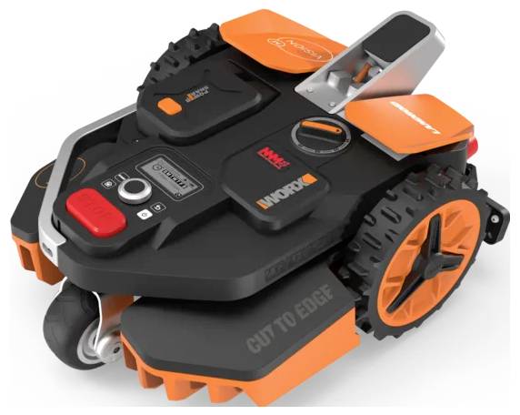 Ein Roboter-Rasenmäher mit orange-schwarzem Design, mit großen Rädern, Steuertasten auf der Oberseite und prominent angezeigtem 