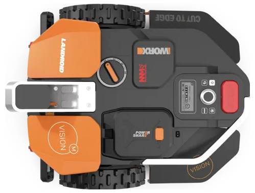 Draufsicht eines autonomen Rasenmähers mit orange-schwarzem Design, das Räder, Bedienfeld und Markierungen 