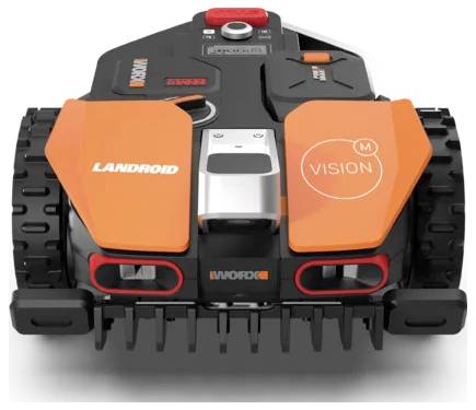 Ein orange-schwarzer Roboter-Rasenmäher mit dem Logo „Landroid