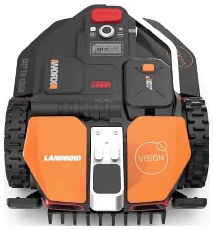 Ein autonomer Rasenmäherroboter mit orangen Akzenten, gekennzeichnet mit 