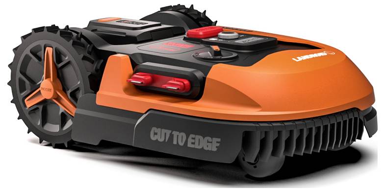 Das Bild zeigt einen orangefarbenen Roboter-Rasenmäher mit der Marke „Landroid
