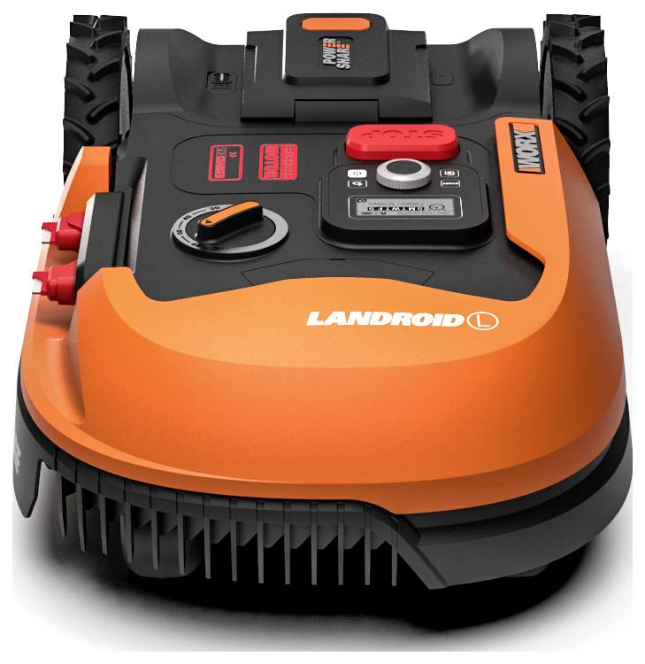 Orangefarbiger Roboterrasenmäher mit schwarzen Akzenten mit der Bezeichnung „Landroid
