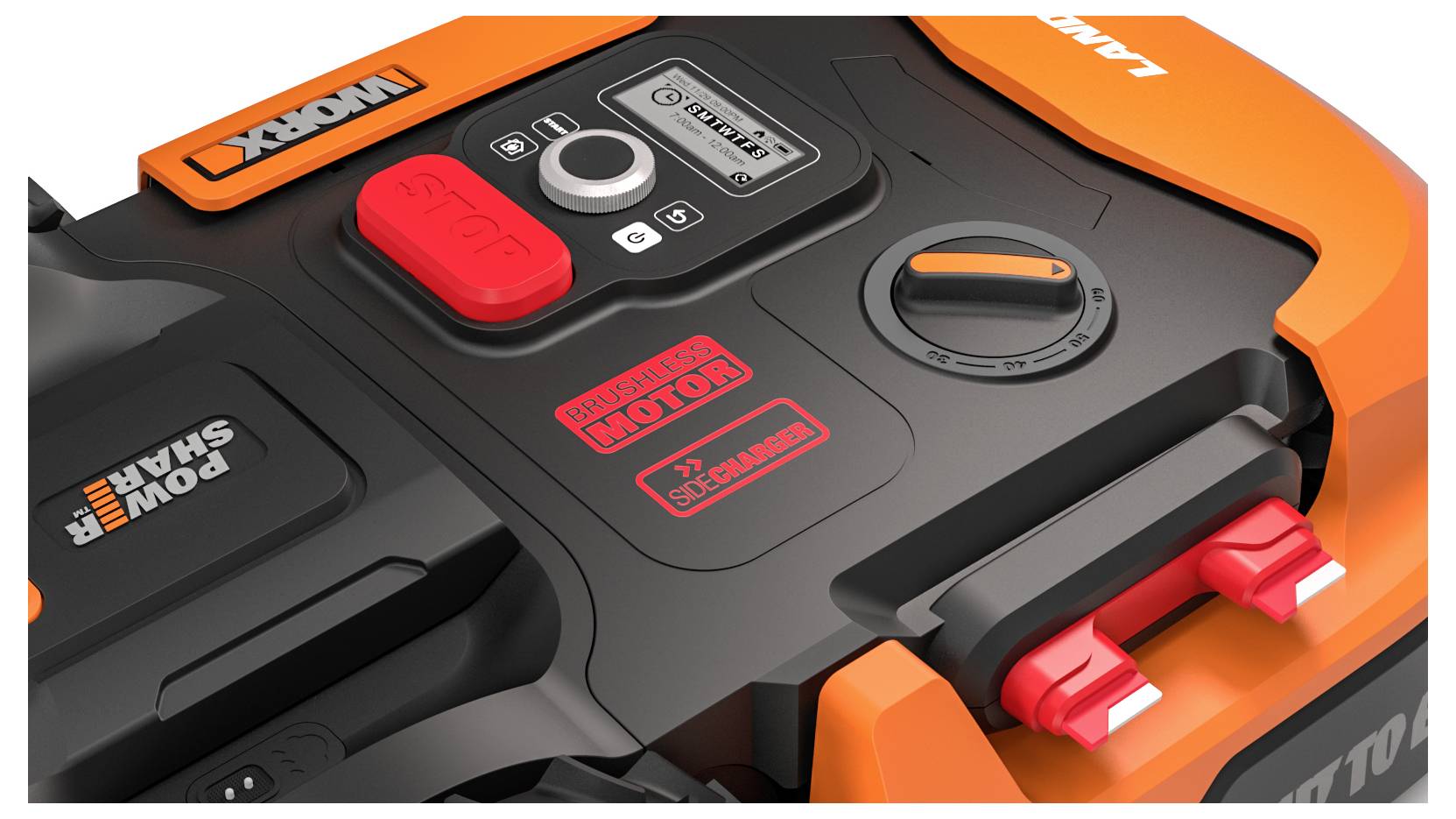 Nahaufnahme des Bedienfelds eines Rasenmähers mit Tasten und Reglern zur Bedienung. Die Beschriftungen „Power Share