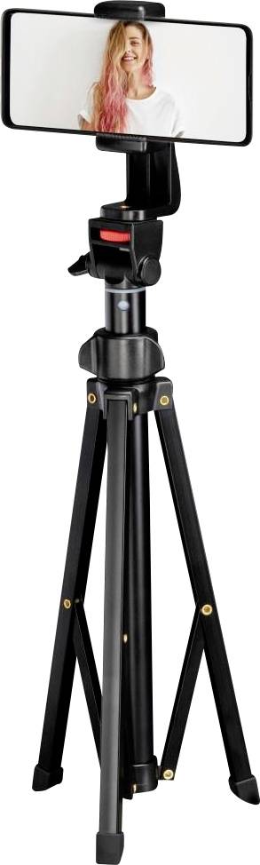 Ein Smartphone auf einem schwarzen Stativ montiert, das ein Foto einer Person mit langen Haaren anzeigt.