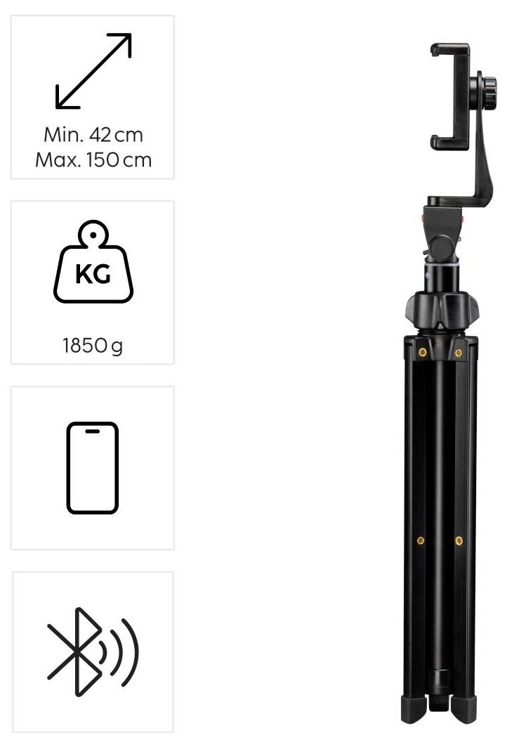 Stativ mit Smartphone-Halter erstreckt sich von 42 cm bis 150 cm, wiegt 1850 g und verfügt über Bluetooth-Konnektivität.