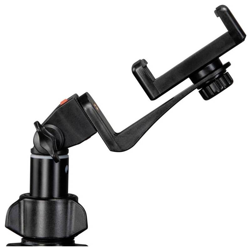 Eine schwarze verstellbare Handyhalterung mit Klemme und Saugnapfbasis, entwickelt, um ein Smartphone sicher in verschiedenen Positionen zu halten.