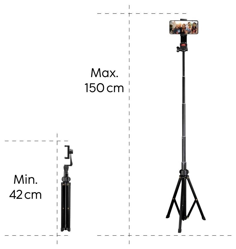 Ein teleskopisches Smartphone-Stativ wird in zwei Positionen gezeigt: zusammengeklappt bei 42 cm und ausgeklappt bei 150 cm, mit einem Telefon, das ein Gruppenfoto anzeigt.