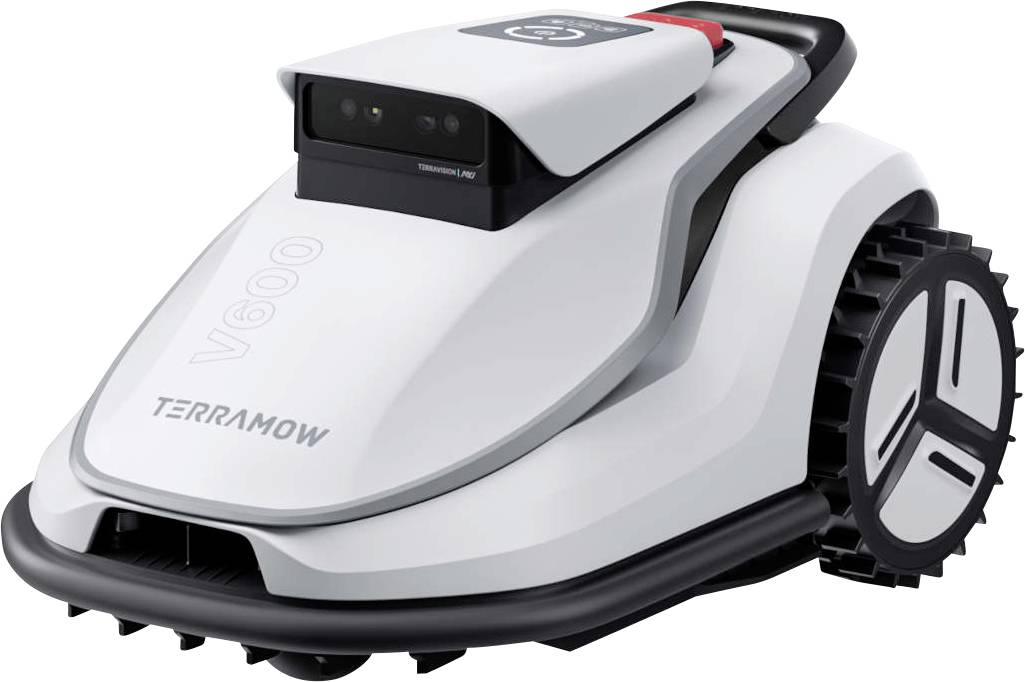 Autonomer Rasenmäher auf Rädern mit Kamera und Sensoren, gekennzeichnet mit „TERAMOW V600
