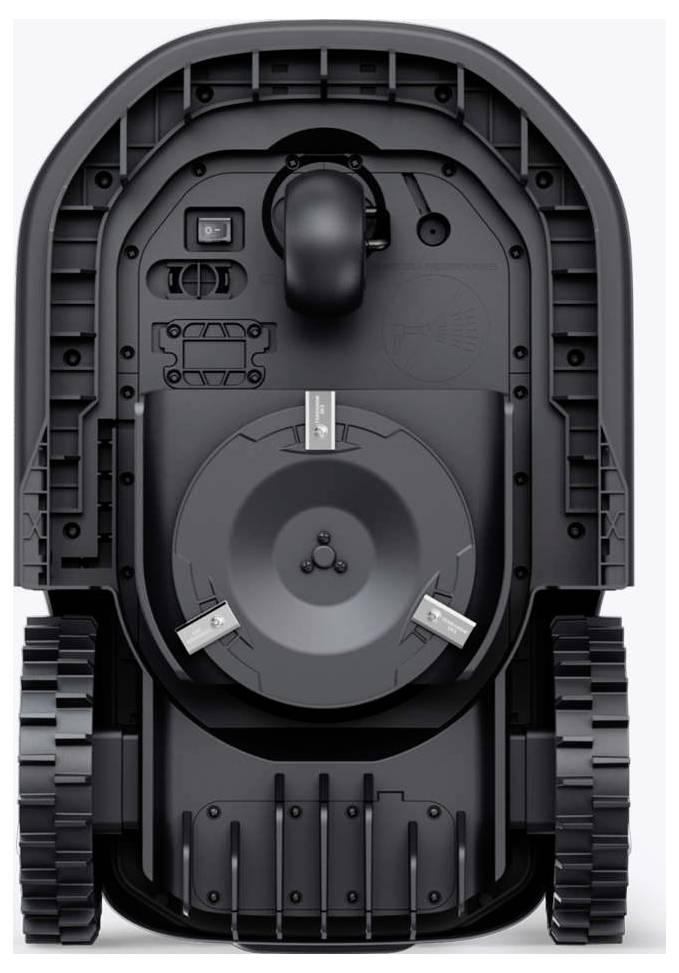 Die Unterseite eines Roboter-Rasenmähers mit seinen Messern, Rädern und mechanischen Komponenten.