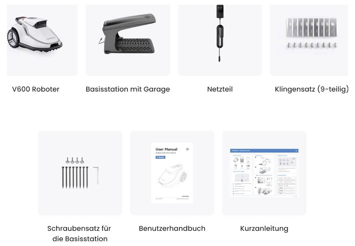 Ein V600 Roboter-Rasenmäher mit Basisstation, Netzteil, Klingensatz, Schraubensatz, Benutzerhandbuch und Kurzanleitung abgebildet.
