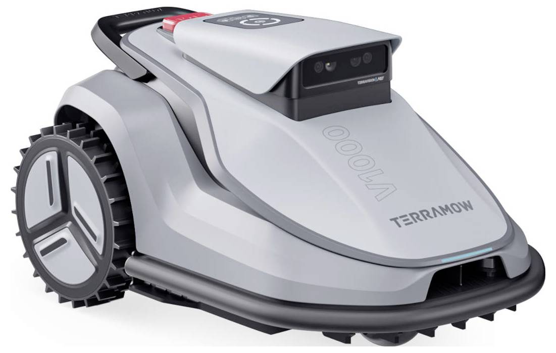 Ein eleganter, moderner Rasenmäher-Roboter mit großen Rädern und einer oben angebrachten Kamera, mit dem Markenzeichen „TERRAMOW V1000