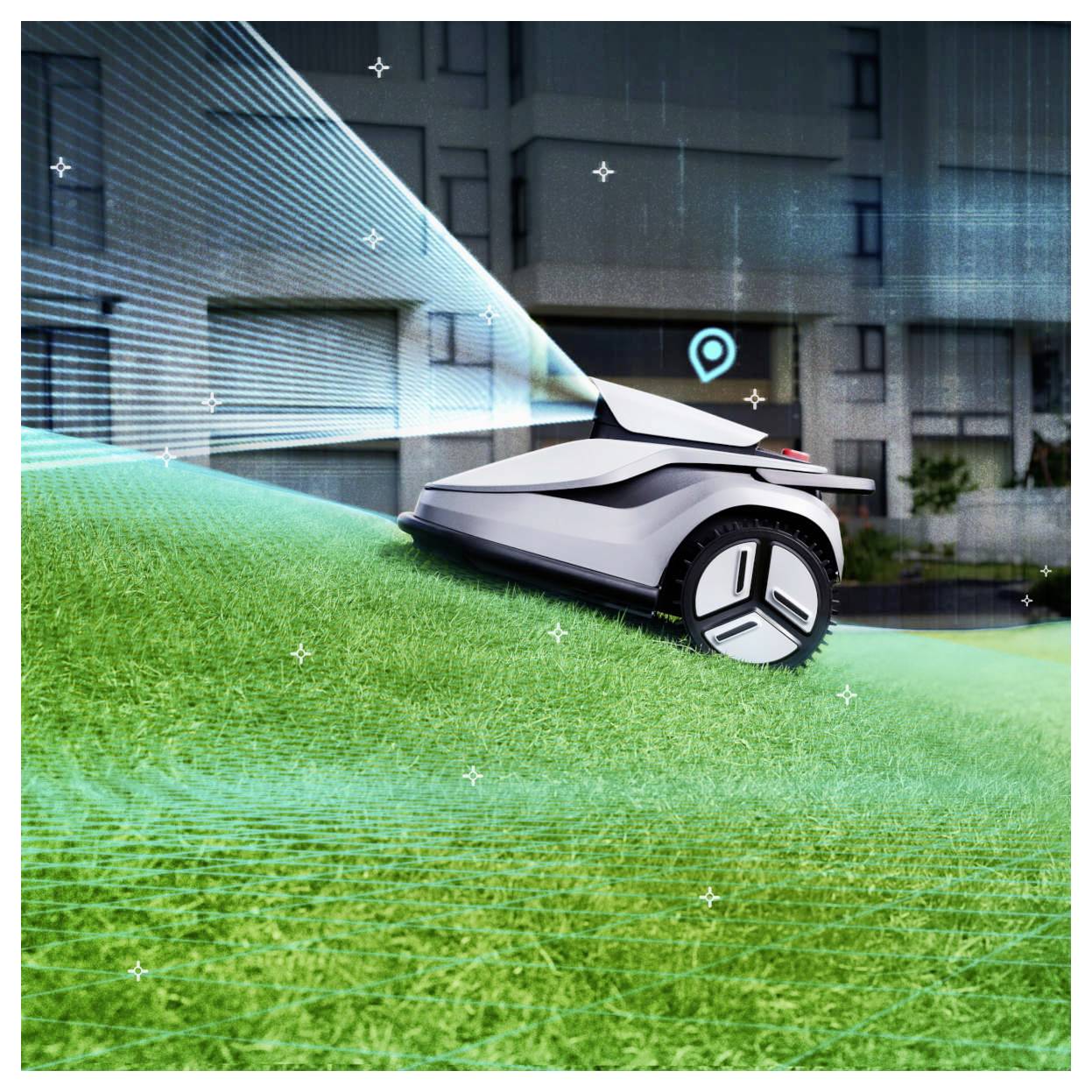 Ein futuristischer Rasenmäher navigiert autonom einen grasbewachsenen Hang hinab, geleitet durch digitale Overlays und Standortmarkierungen in einer modernen städtischen Umgebung.