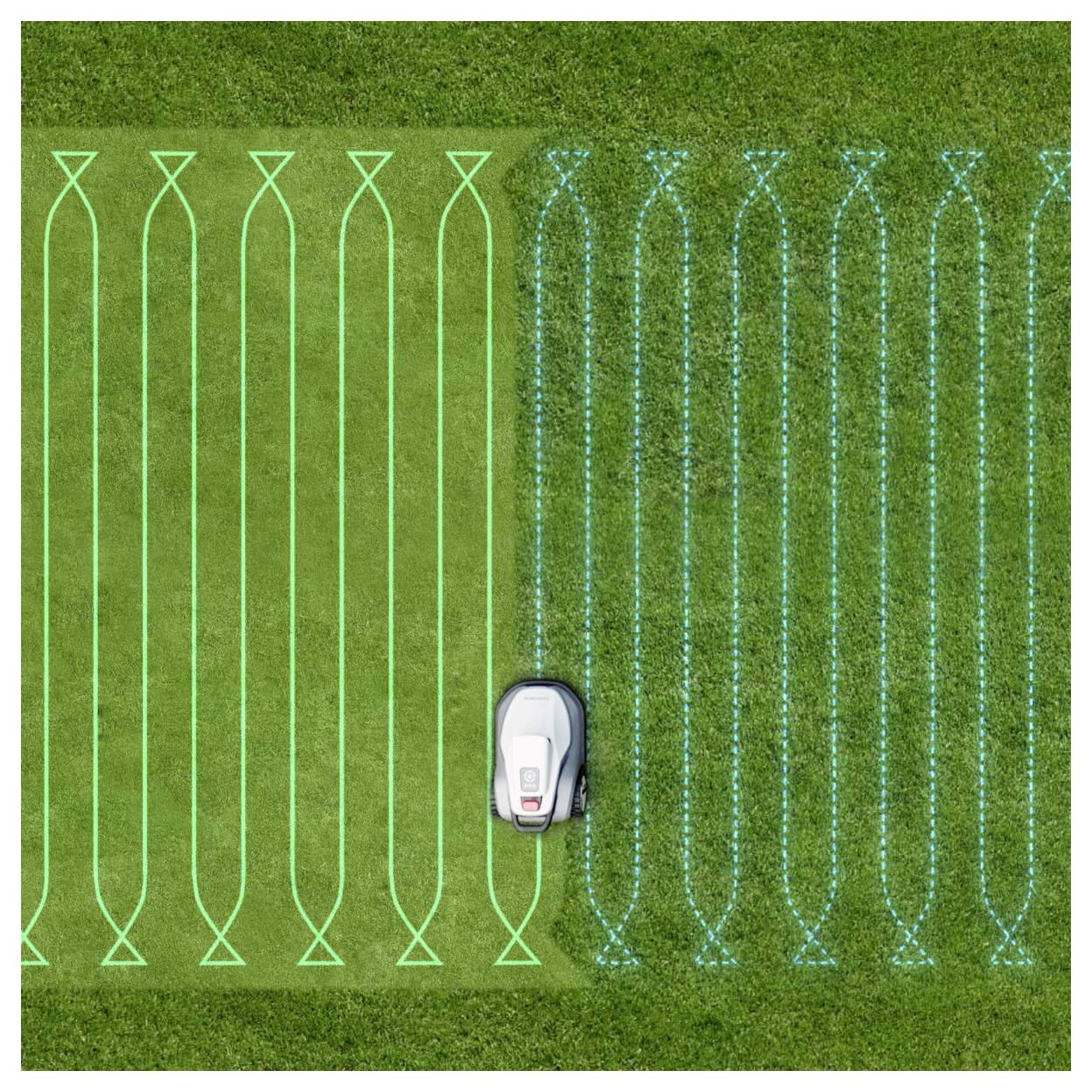 Ein Roboterrasenmäher schneidet Gras in einem systematischen Muster; abgeschlossene und ausstehende Flächen werden durch unterschiedliche Schattierungen unterschieden.