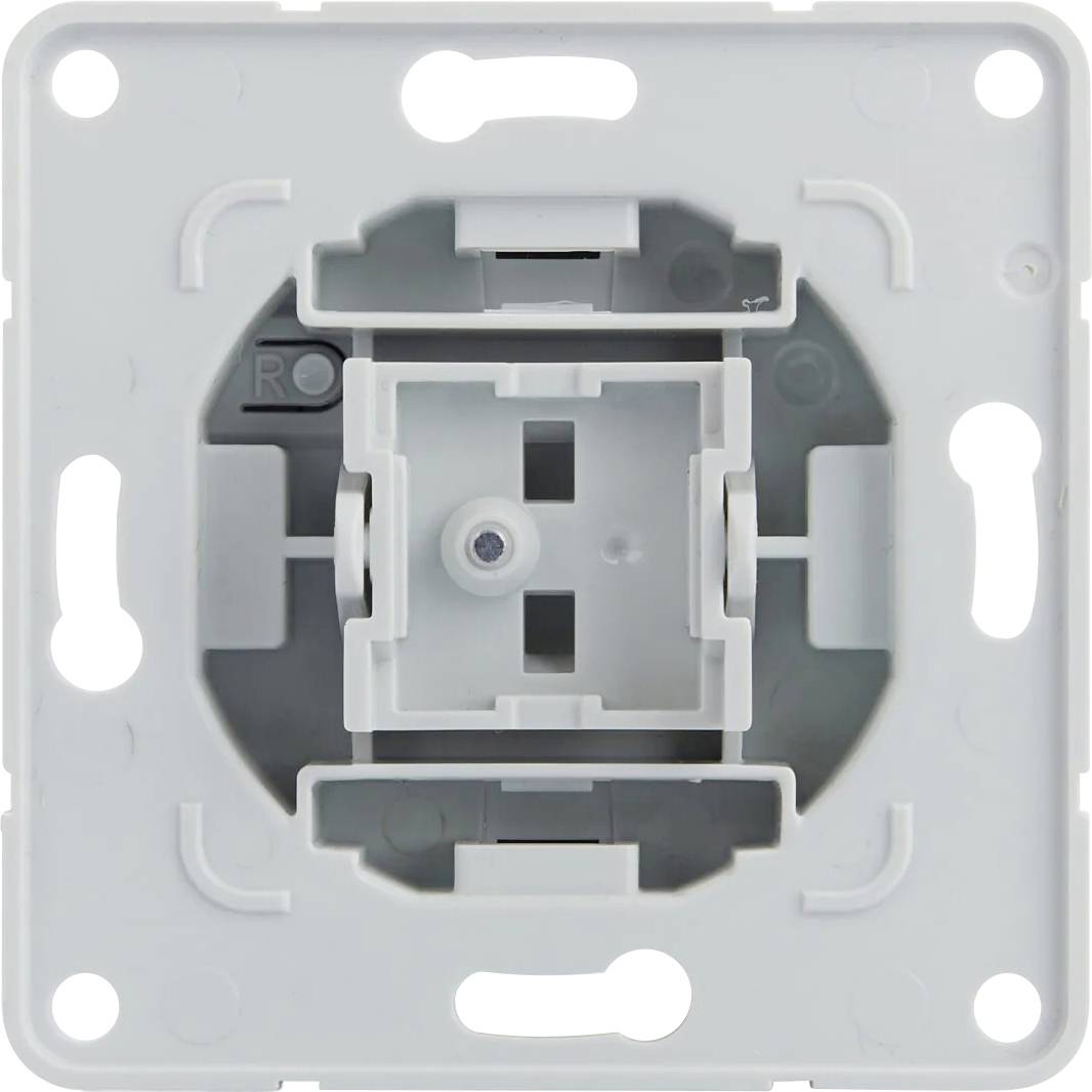 Eine quadratische Kunststoff-Wandplatte mit einem zentralen Schlitz und Befestigungsclips zur Montage eines Schalters oder einer Steckdose.