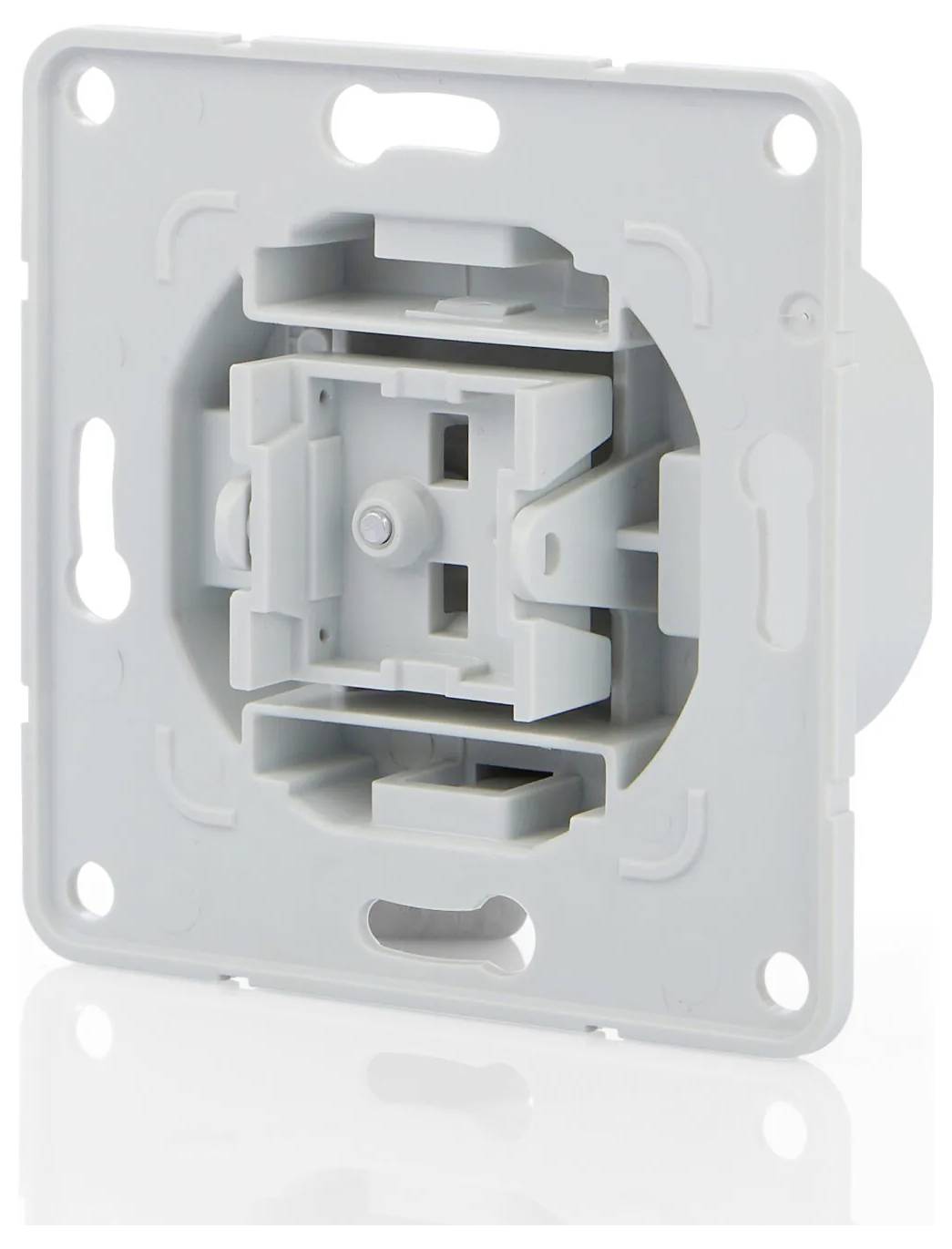 Ein weißer Kunststoff-Elektrokasten für die Wandmontage mit Befestigungslöchern und einer zentralen Öffnung, die zum Einbau einer Steckdose oder eines Schalters vorgesehen ist.