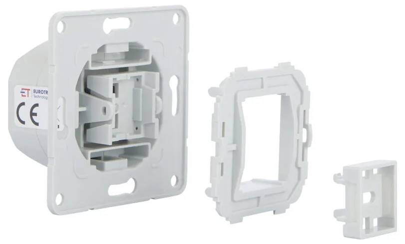 Drei Teile einer modularen Wandboxgruppe: Außenrahmen, Hauptboxeinheit und innere Halterung, dargestellt im zerlegten und ausgerichteten Zustand.