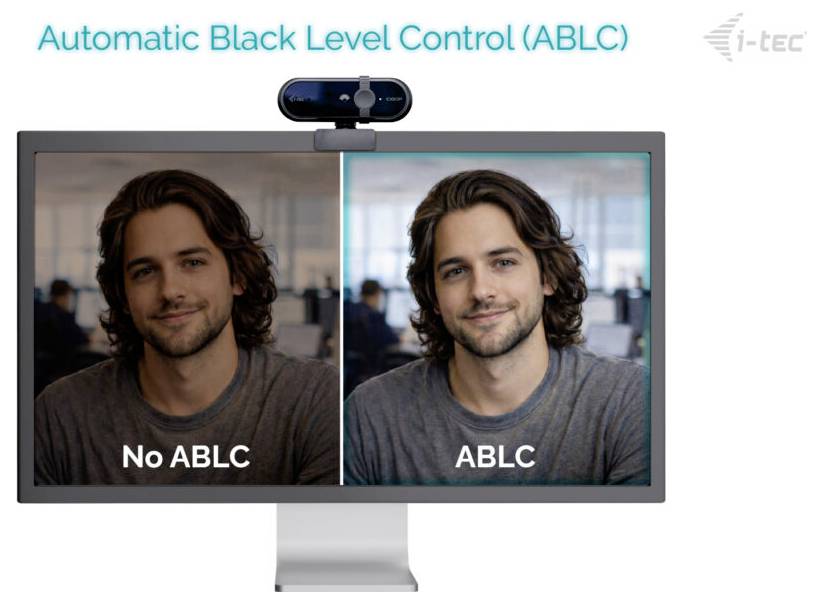 Ein geteilter Bildschirm zeigt einen Mann in einem Büro. Links: schwache Beleuchtung mit dem Etikett 