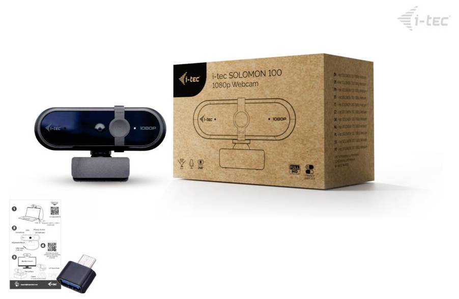 'i-tec SOL-100 1080p Webcam' mit illustrierter Verpackung; enthält Installationshandbuch und USB-Adapter.