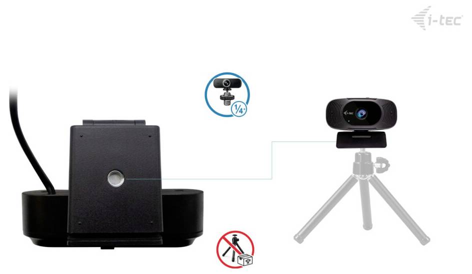 Das Bild zeigt eine Webcam auf einem Stativ mit einem Häkchen, das die Kompatibilität mit der Webcam-Halterung auf der linken Seite anzeigt. Darunter ist ein Symbol 