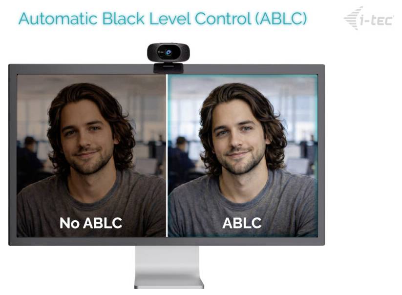 Monitor zeigt zwei nebeneinander angeordnete Bilder einer Person in einem Büro. Links: beschriftet mit „Keine ABLC