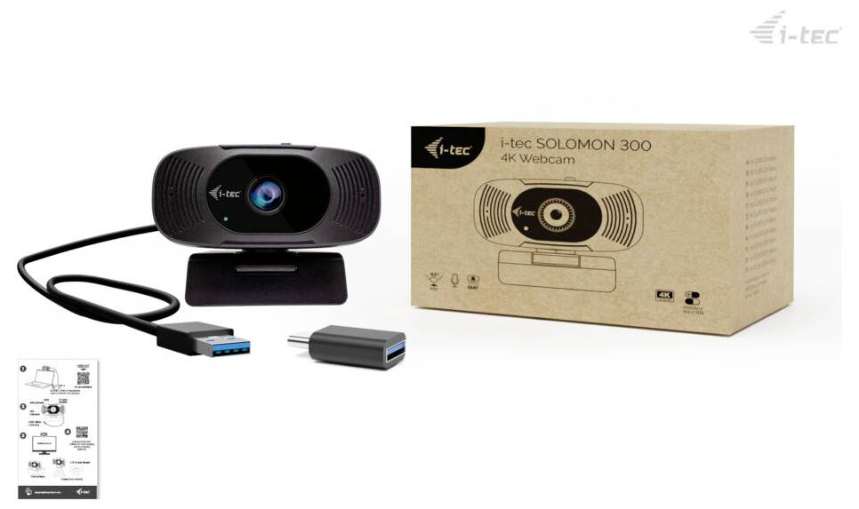 Eine schwarze Webcam mit der Bezeichnung „i-tec SOLOMON 300 4K Webcam