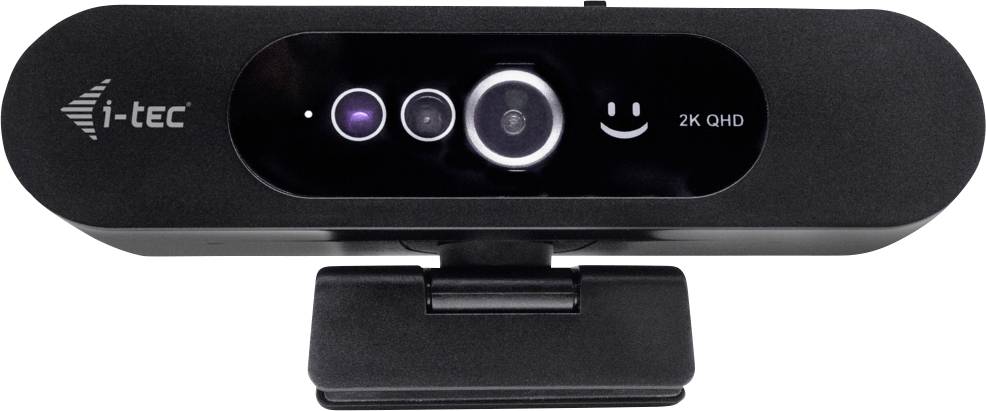 Vorderansicht einer schwarzen i-tec Webcam mit drei Linsen und einem 