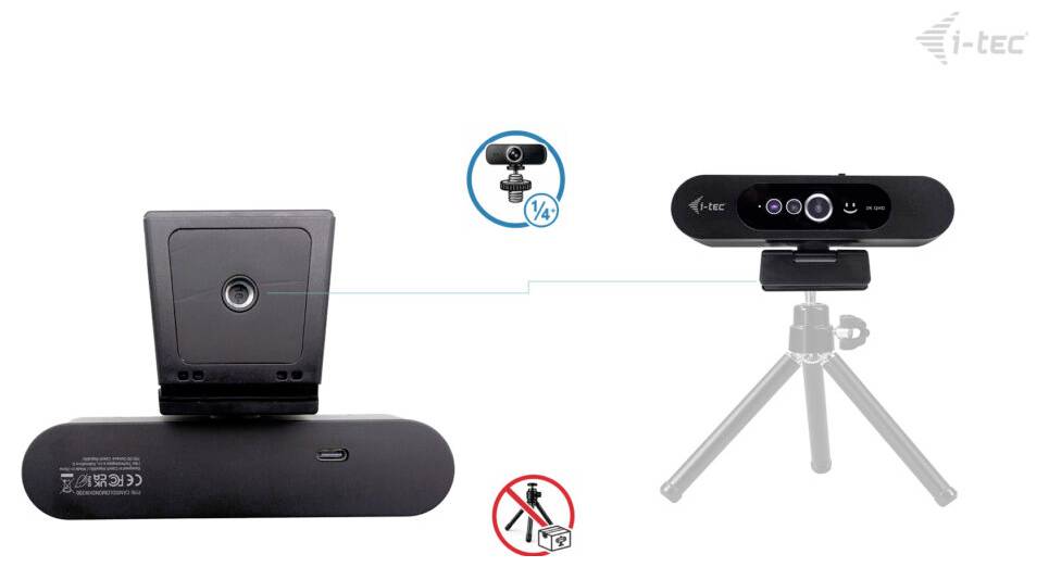 Eine Webcam mit rechteckigem Design, gezeigt mit einer Rückansicht mit Stativhalterung, zusammen mit einer Illustration der Vorderansicht auf einem Stativ.