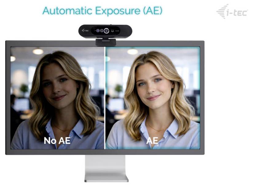 Ein geteilter Bildschirm zeigt das Bild einer Frau mit und ohne „Automatische Belichtung (AE)