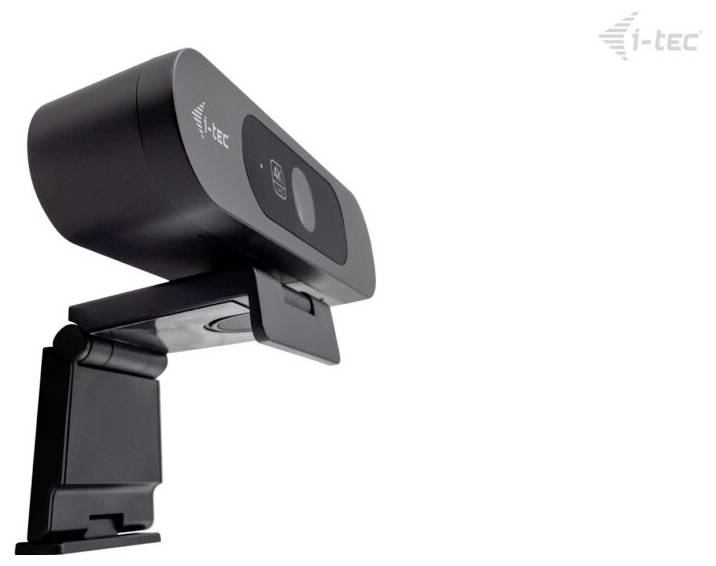 „Schwarze i-tec Webcam mit modernem Design, auf einem verstellbaren Ständer montiert, von der Seite gegen einen einfachen weißen Hintergrund fotografiert.