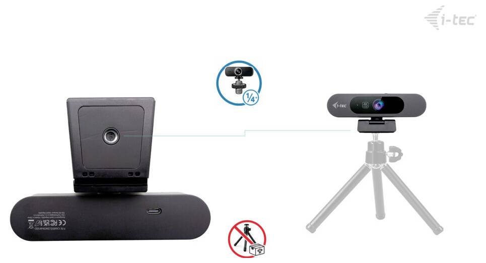 Diagramm, das einen Befestigungsmechanismus einer Webcam mit einem 1/4-Zoll-Schraubensymbol zeigt, das die Kompatibilität mit Stativen anzeigt, illustriert mit einer Stativabbildung.