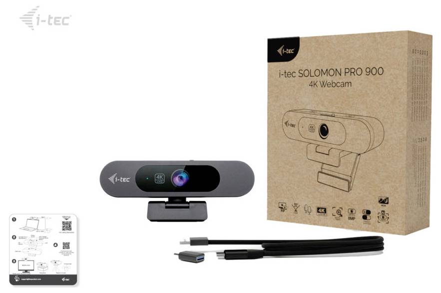 'i-tec Solomoon Pro 900 4K Webcam' mit Verpackung, Webcam, Schnellstartanleitung und Verbindungskabeln angezeigt.
