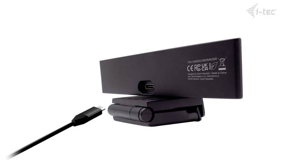 Eine schwarze Dockingstation mit USB-C-Kabel, auf deren Rückseite behördliche und Herstellungssymbole zu sehen sind, mit der Marke i-tec.