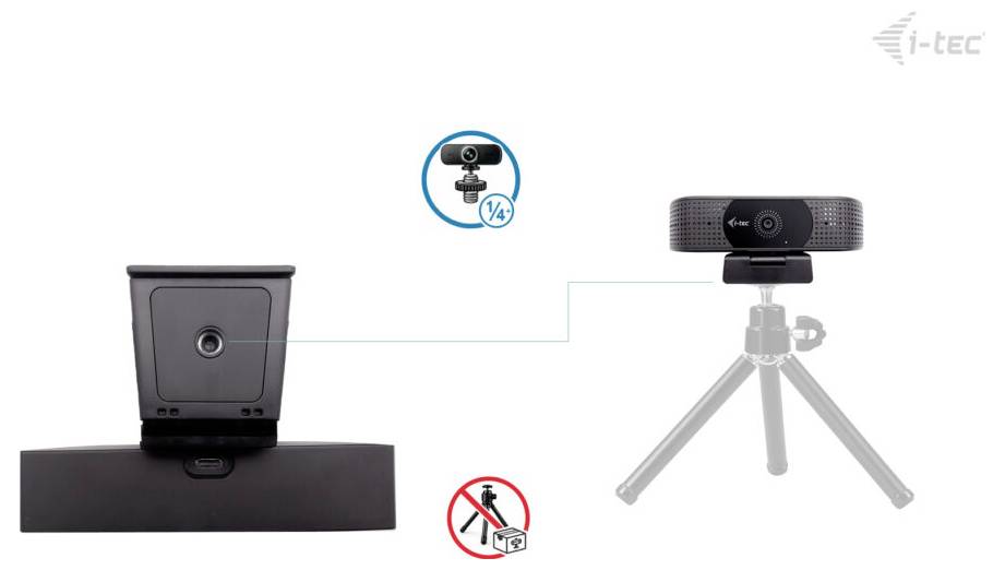 Schritt 4: Verstellbare Klammer anbringen' - Das Bild zeigt, wie man eine Webcam mit zwei Beispielen montiert: eine Klammer für Bildschirme und ein Stativ.