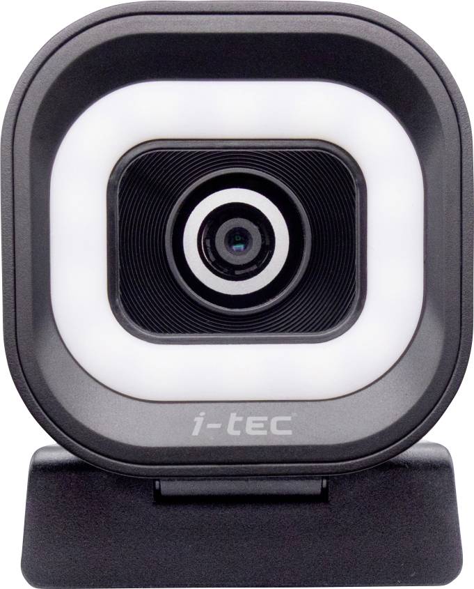 Eine schwarze Webcam mit quadratischem Design und integriertem Ringlicht, verwendet für Videokonferenzen und Streaming, mit dem Markennamen „i-tec