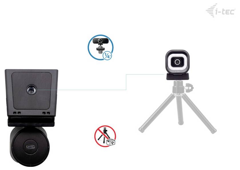 Diagramm zeigt eine Kameraobjektivbefestigung auf einer Abdeckung, die mit einer auf einem Stativ montierten Kamera verbunden ist. Ein rotes Symbol zeigt keine Stativbefestigung an.