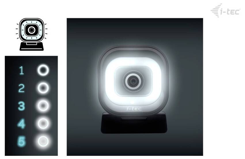 Webcam mit LED-Lichtring und einstellbaren Helligkeitsstufen von 1 bis 5.