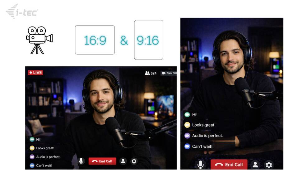 Zwei Bilder zeigen einen Mann in einem Videoanruf. Links: 16:9 Seitenverhältnis, rechts: 9:16. Er trägt Kopfhörer und sitzt an einem Mikrofon.