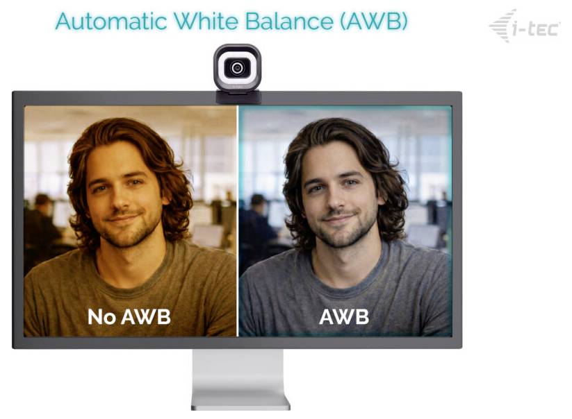Ein Computermonitor zeigt zwei Bilder derselben Person. Das linke Bild ist mit „Kein AWB