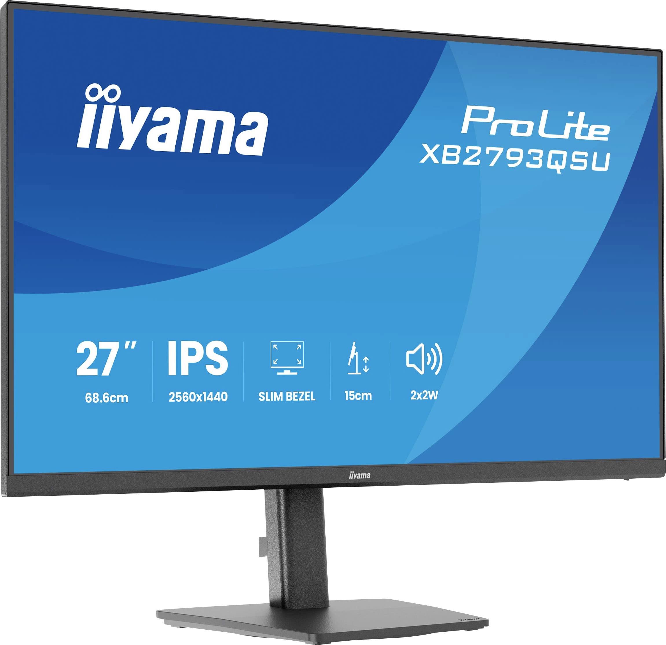 27-Zoll-iiyama-ProLite-XB2793QSU-Monitor mit 2560x1440-Auflösung, schmalem Rahmen und integrierten Lautsprechern.