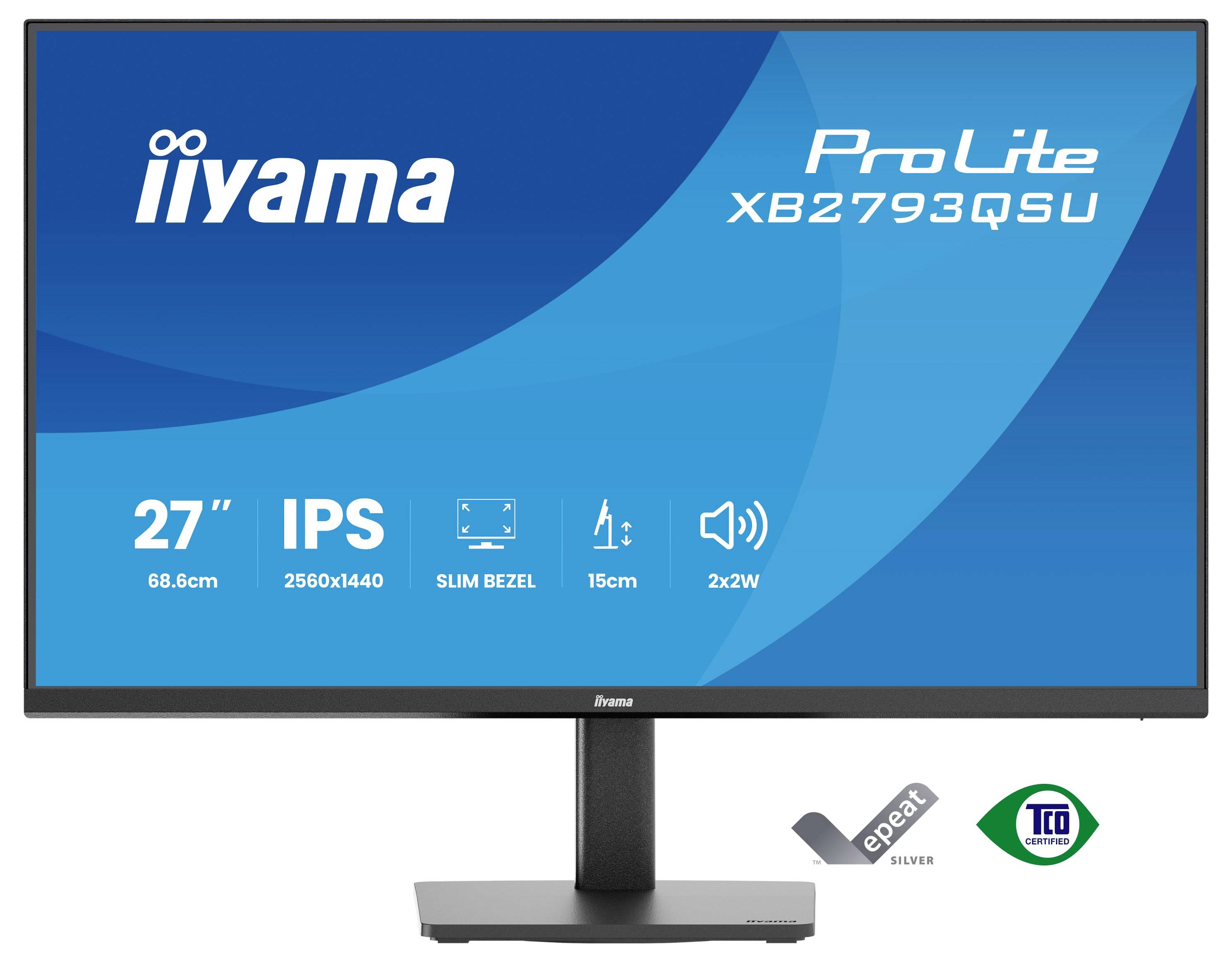 Iiyama ProLite XB2793QSU" Monitor mit 27" IPS-Display, 2560x1440 Auflösung, schmalem Rahmen und zwei 2W-Lautsprechern.